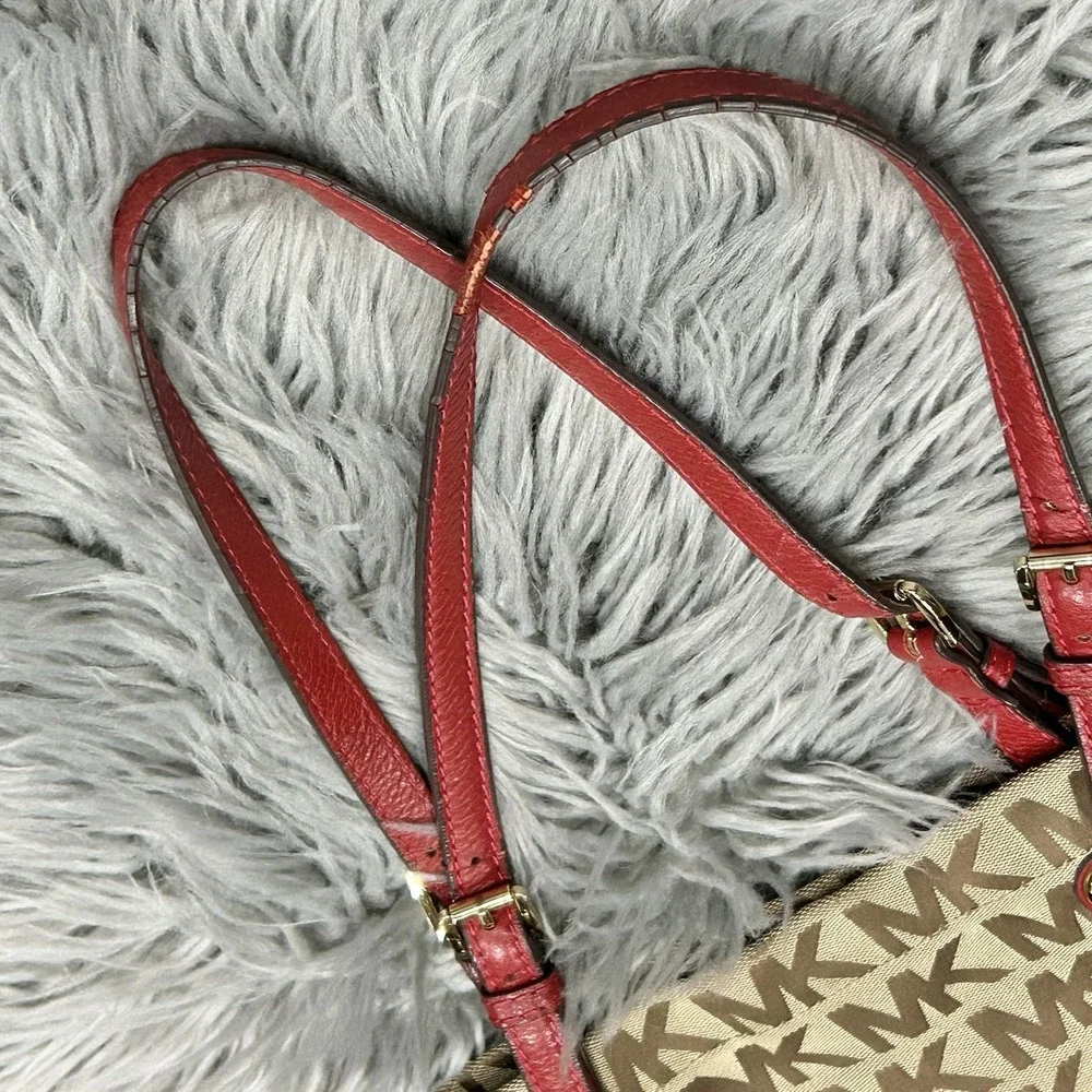 MK Michael‎ Kors Jet Set Signature Grab Bag Tote Tan/Red Jacquard Leather Y2K